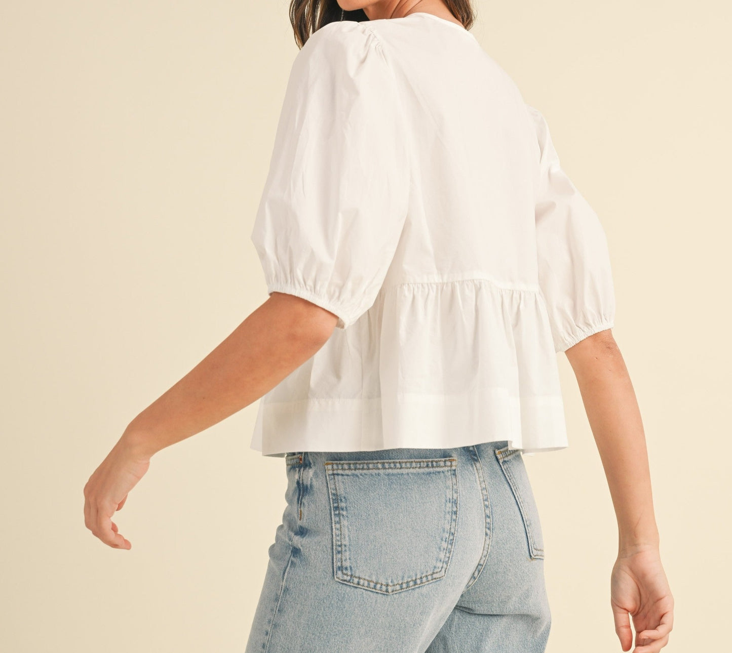 Balloon Sleeve Poplin Peplum Front Tie | Top
